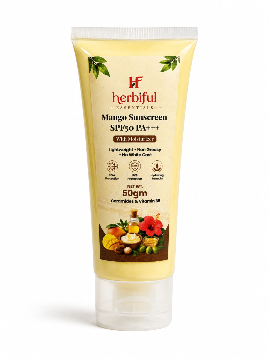 Mango Sunscreen SPF50 PA+++ 50gm | No White Cast & Deep Hydration Daily Protection with Ceramides & Vitamin B5