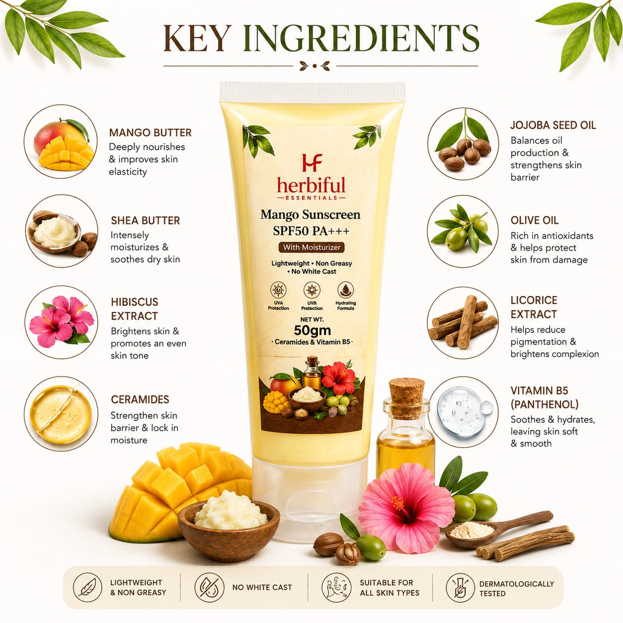 Mango Sunscreen SPF50 PA+++ 50gm | No White Cast & Deep Hydration Daily Protection with Ceramides & Vitamin B5