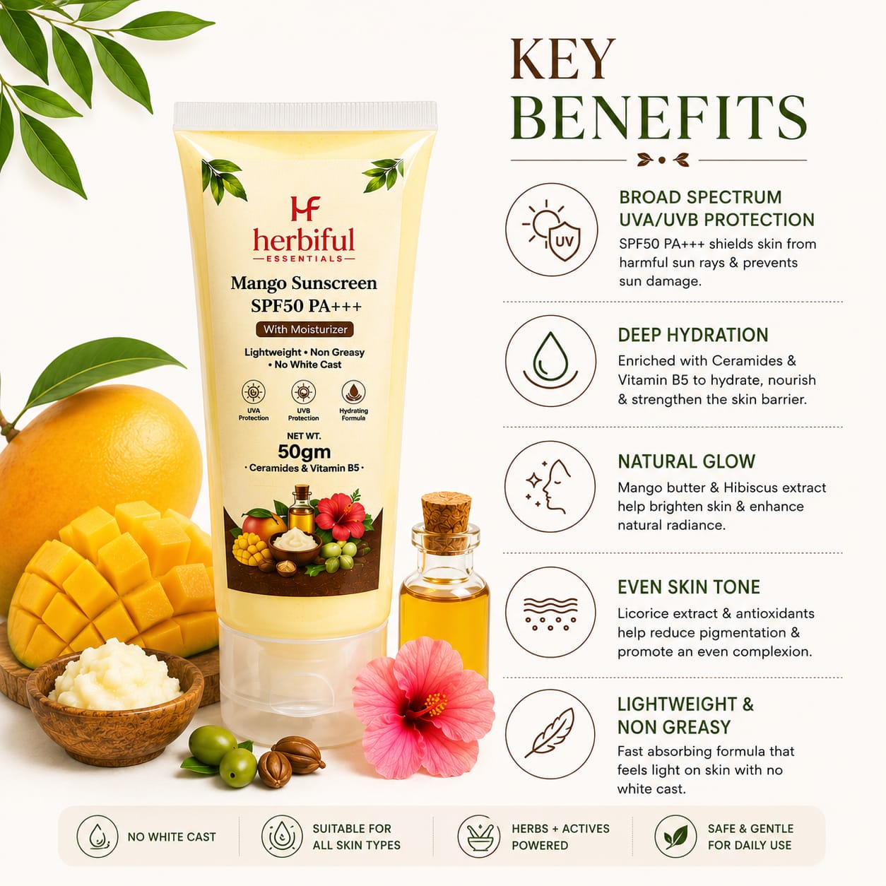 Mango Sunscreen SPF50 PA+++ 50gm | No White Cast & Deep Hydration Daily Protection with Ceramides & Vitamin B5