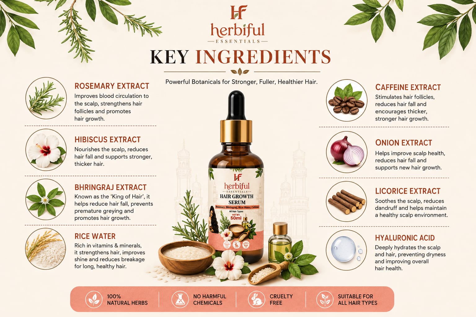 Hair Growth Serum 50ml | Rosemary, Bhringraj, Rice Water & Caffeine Hair Serum Supports Hair Growth, Stronger Roots & Healthier Looking Hair