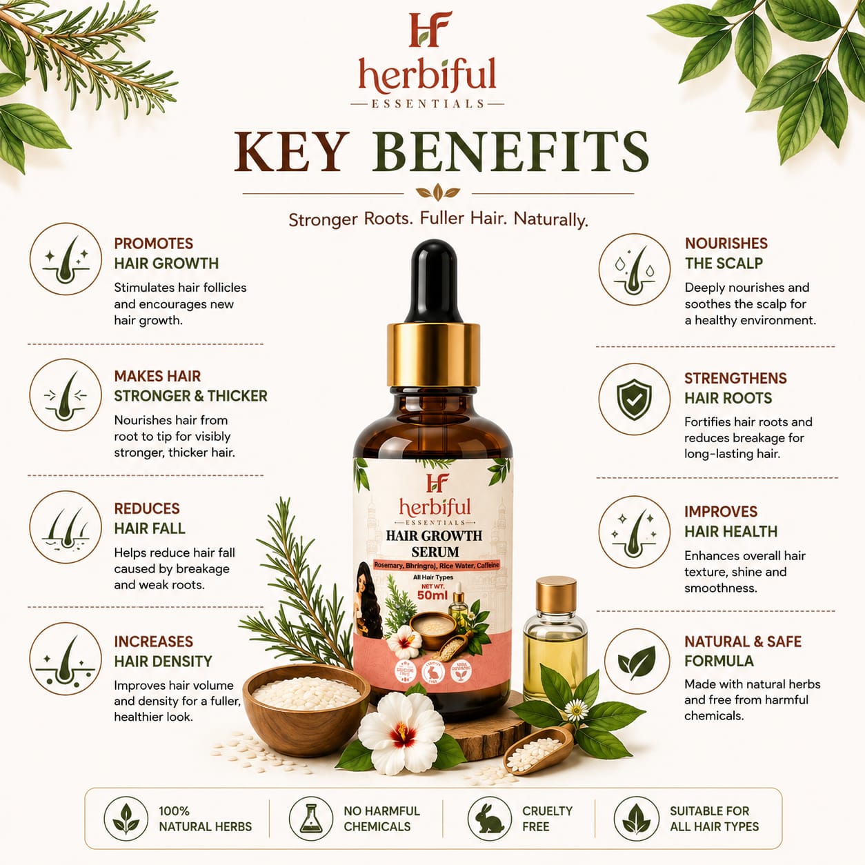 Hair Growth Serum 50ml | Rosemary, Bhringraj, Rice Water & Caffeine Hair Serum Supports Hair Growth, Stronger Roots & Healthier Looking Hair