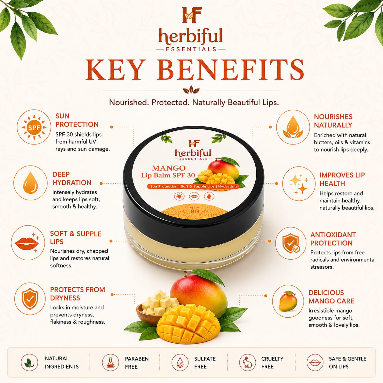 Mango Lip Balm SPF 30 8g | Sun Protection, Deep Hydration & Nourishing Lip Care With Mango Butter, Shea Butter, Cocoa Butter & Vitamin E