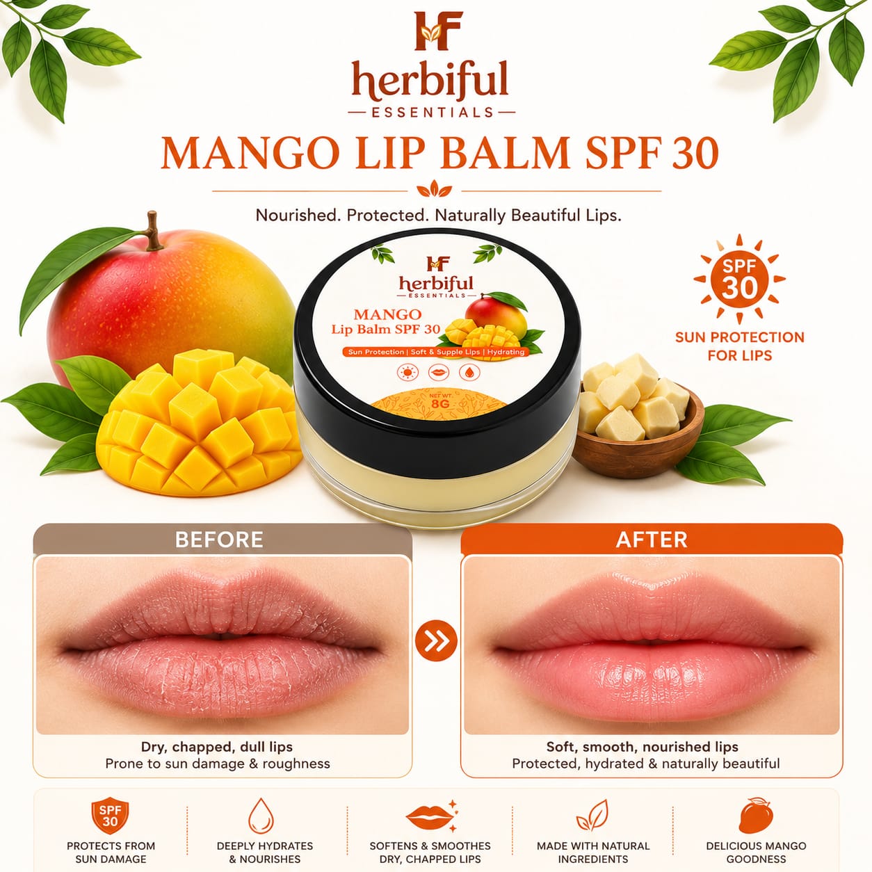 Mango Lip Balm SPF 30 8g | Sun Protection, Deep Hydration & Nourishing Lip Care With Mango Butter, Shea Butter, Cocoa Butter & Vitamin E