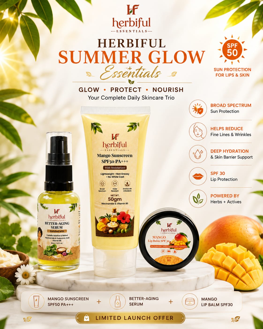 Summer Glow Essentials Combo Mango Sunscreen SPF50 PA+++ | Better-Aging Serum | Mango Lip Balm SPF30 Your Complete Daily Skincare Trio for Protection, Hydration & Nourishment