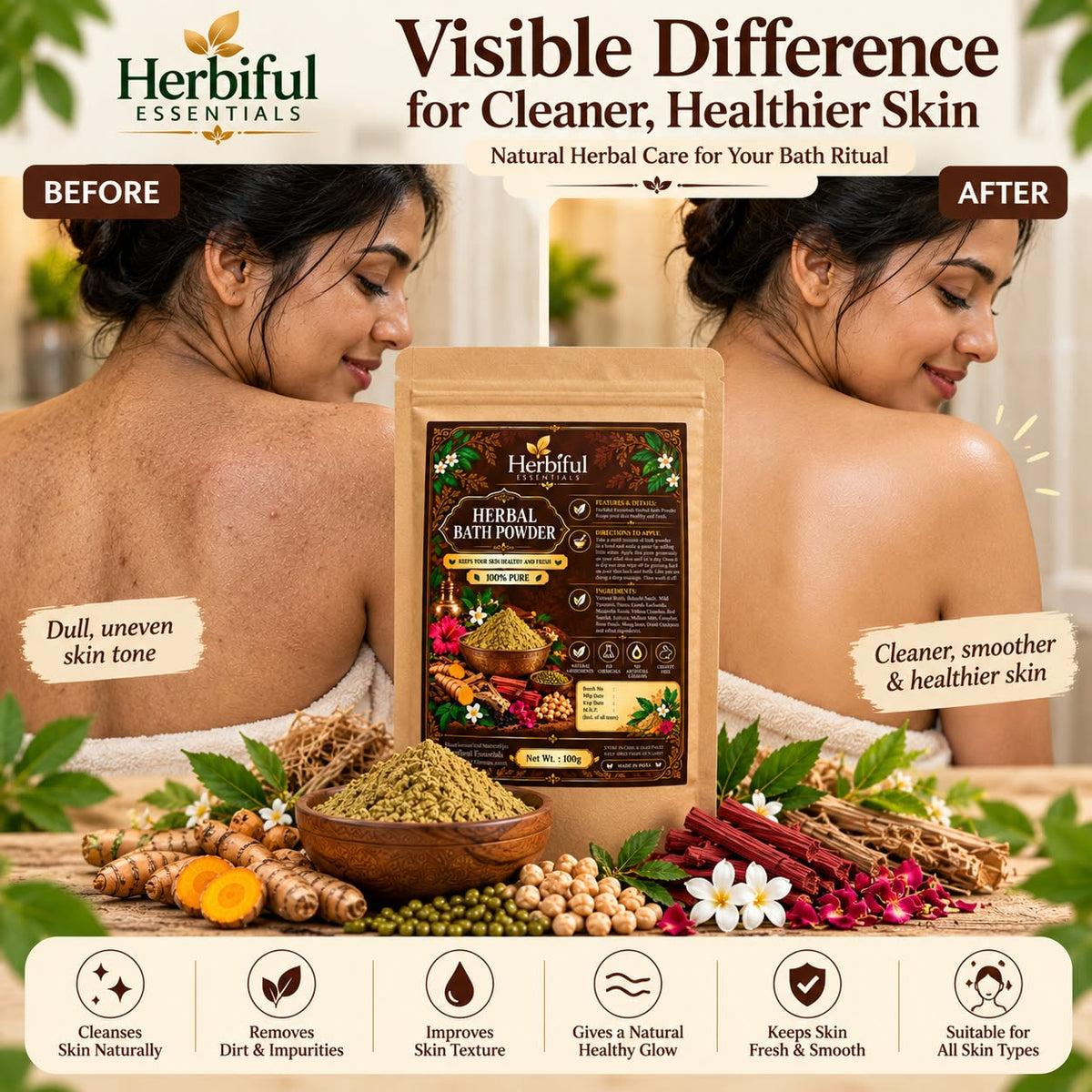 Herbiful Essentials Herbal Bath Powder | Ayurvedic Bath & Body Care | 100g