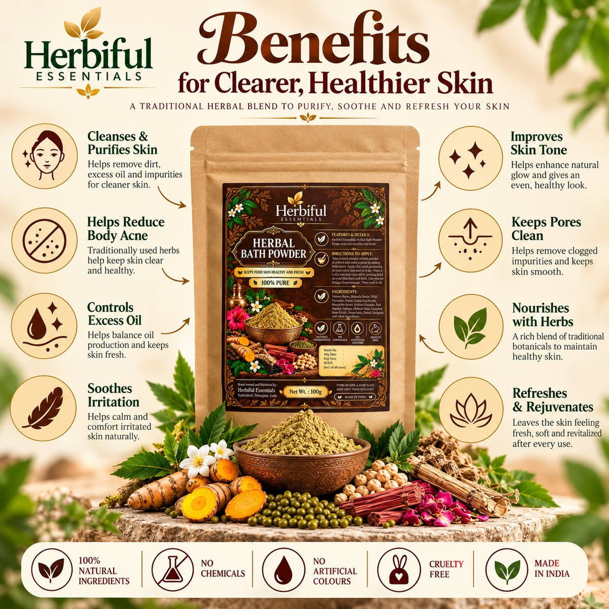 Herbiful Essentials Herbal Bath Powder | Ayurvedic Bath & Body Care | 100g
