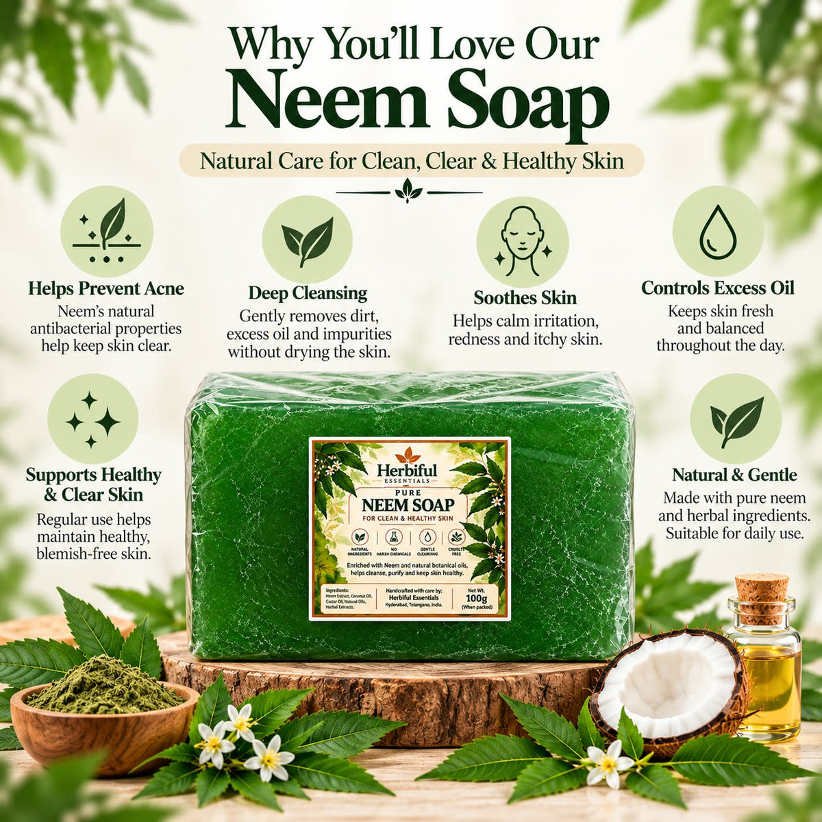 Herbiful Essentials Pure Neem Soap | Ayurvedic Herbal Bath & Body Care | 100g